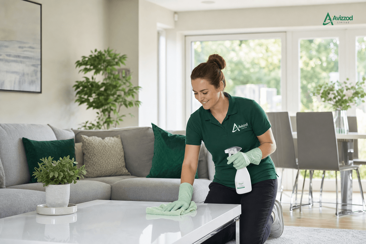 Cleaner mopping a hardwood floor in a bright living room