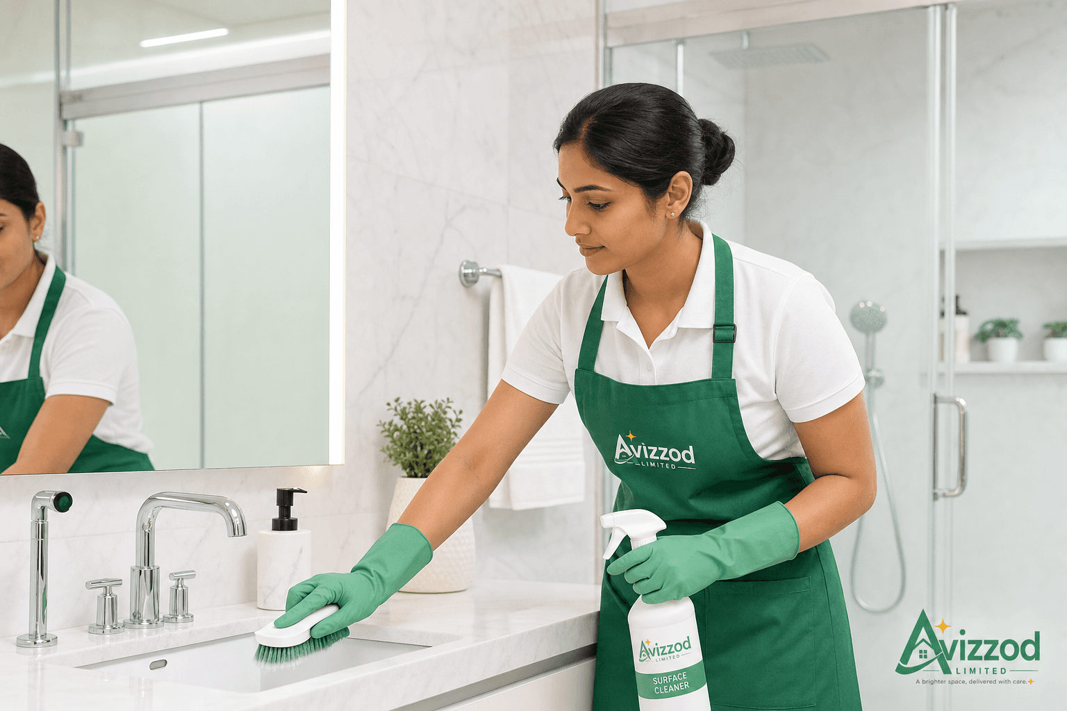 Person scrubbing bathroom tiles with a brush and sponge