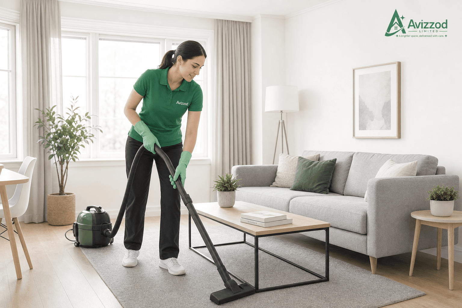Professional cleaner in a green shirt vacuuming a rug in a bright, modern living room.