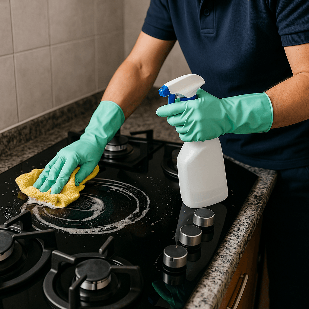 Person wearing green gloves cleaning a black gas stovetop with spray bottle and yellow cloth.