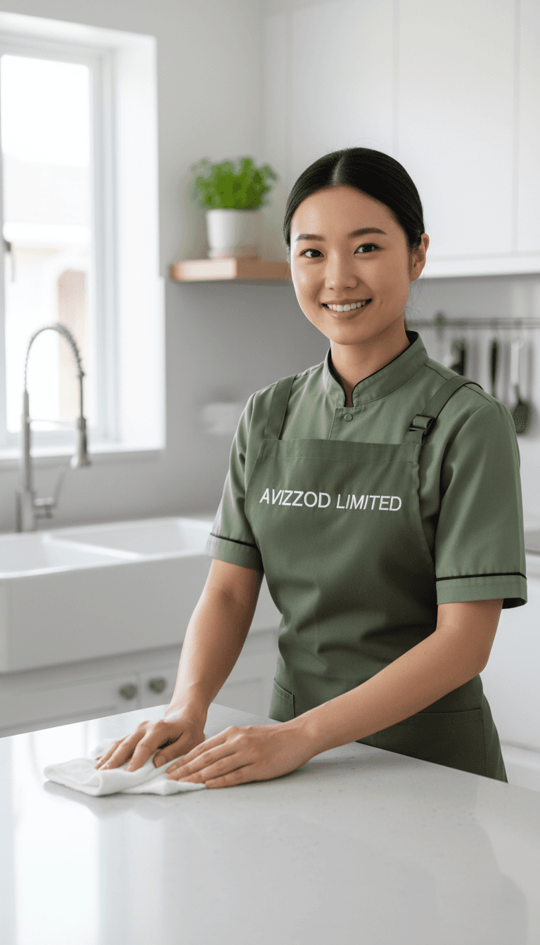 Limpiador de Avizzod con uniforme verde limpiando una encimera de cocina moderna