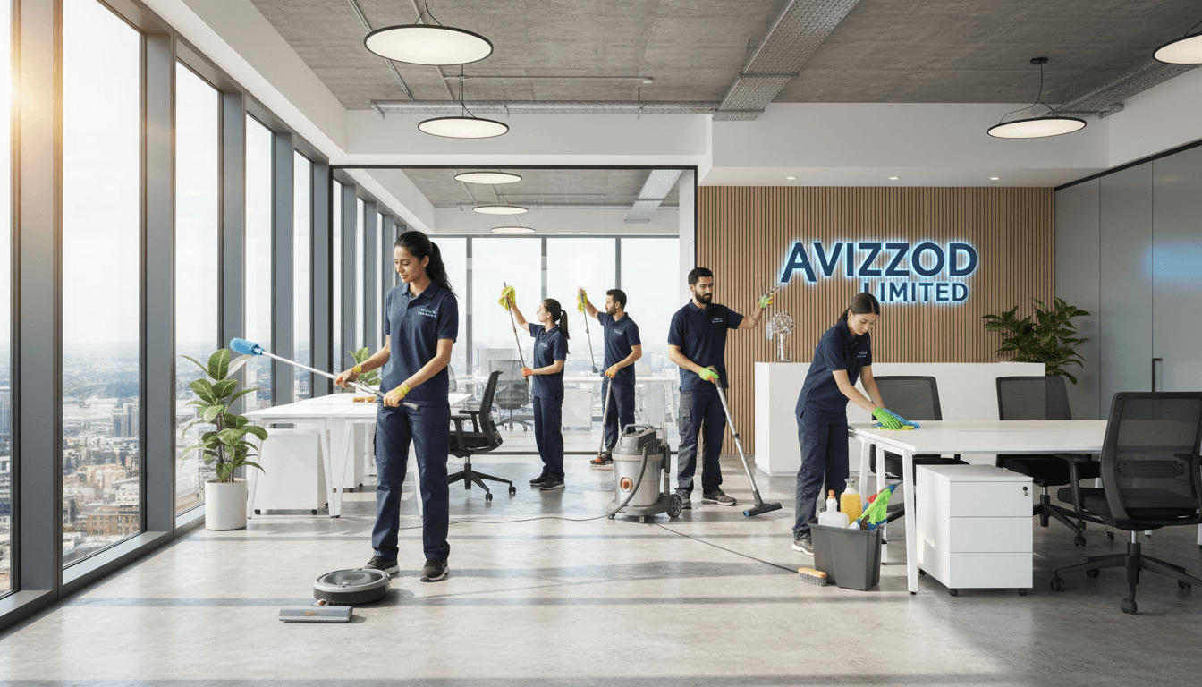 Professional cleaning crew in blue uniforms tidying a modern office with large city-view windows.