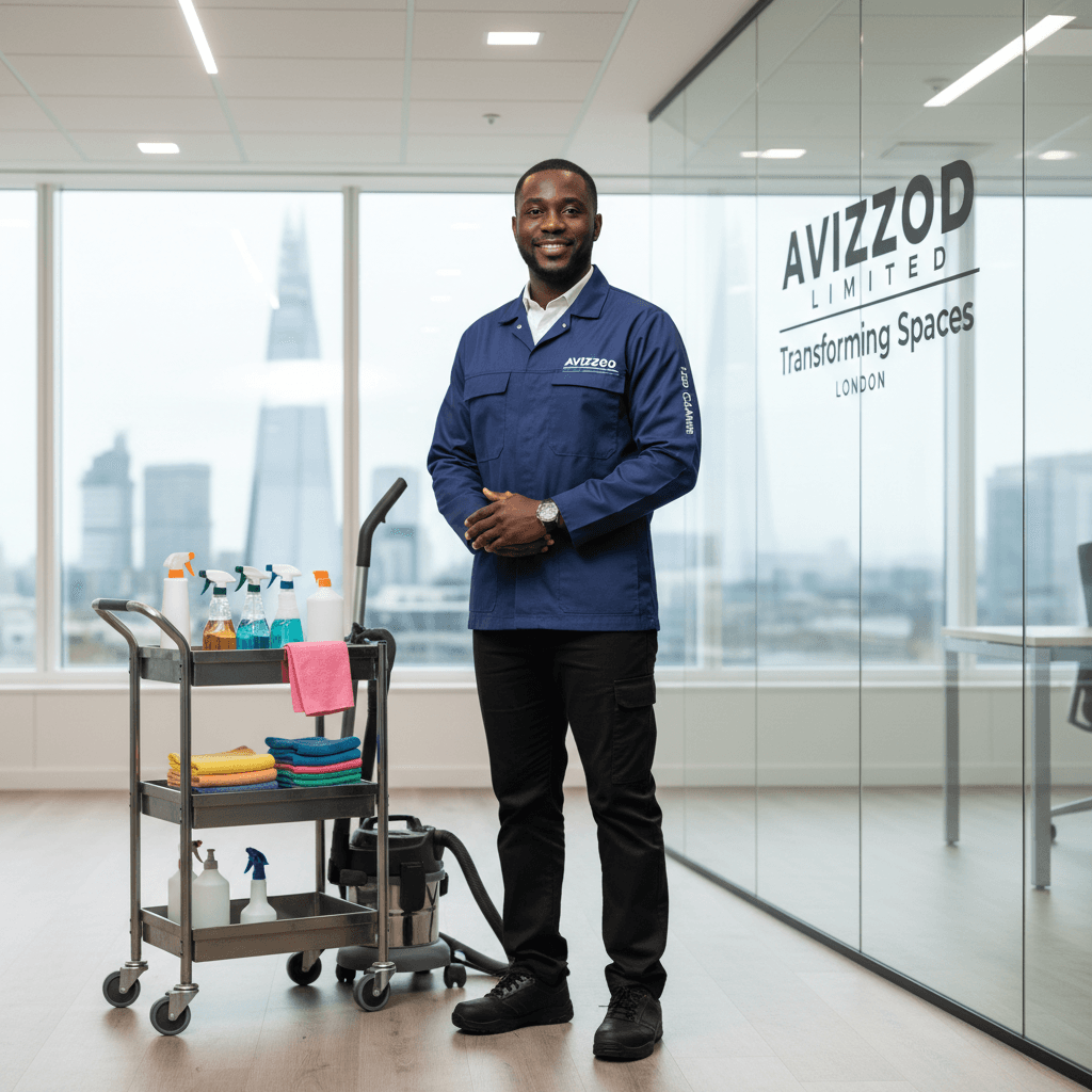 Ayo Omole, Founder & Lead Cleaner of Avizzod Limited, in a modern office setting