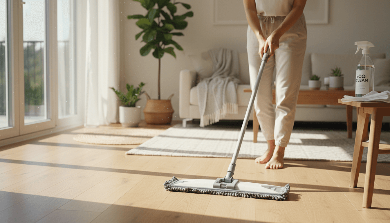 Person mopping sunlit hardwood living room floor with spray bottle floor cleaner visible on nearby side table