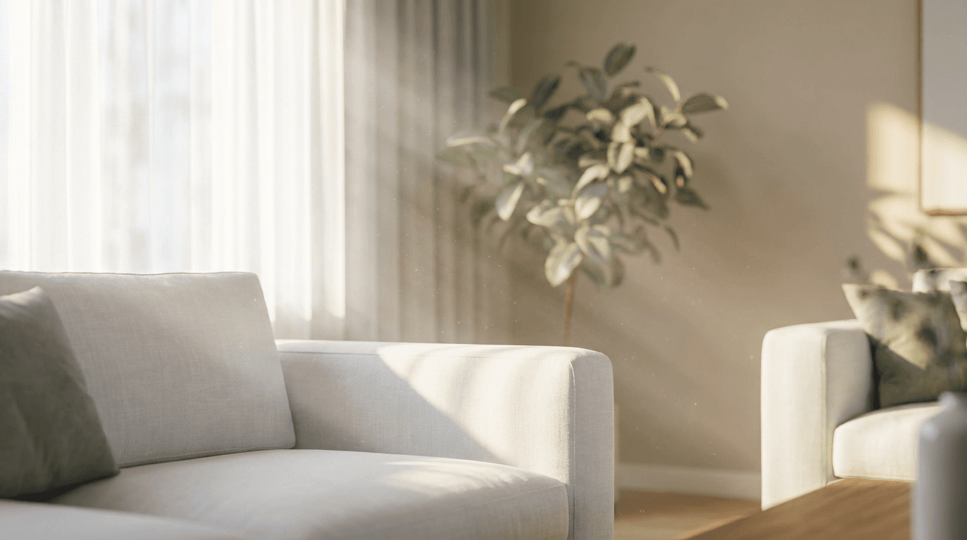 Sunlit living room after a professional clean: pale oak floors, white linen sofa, tall windows, a crew member in navy overalls wiping a glass coffee table, documentary photography, cool blue shadows