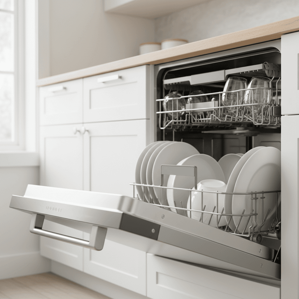 Horno de acero inoxidable abierto con rejillas fuera, interior brillante tras limpieza especializada, productos seguros sobre la encimera.